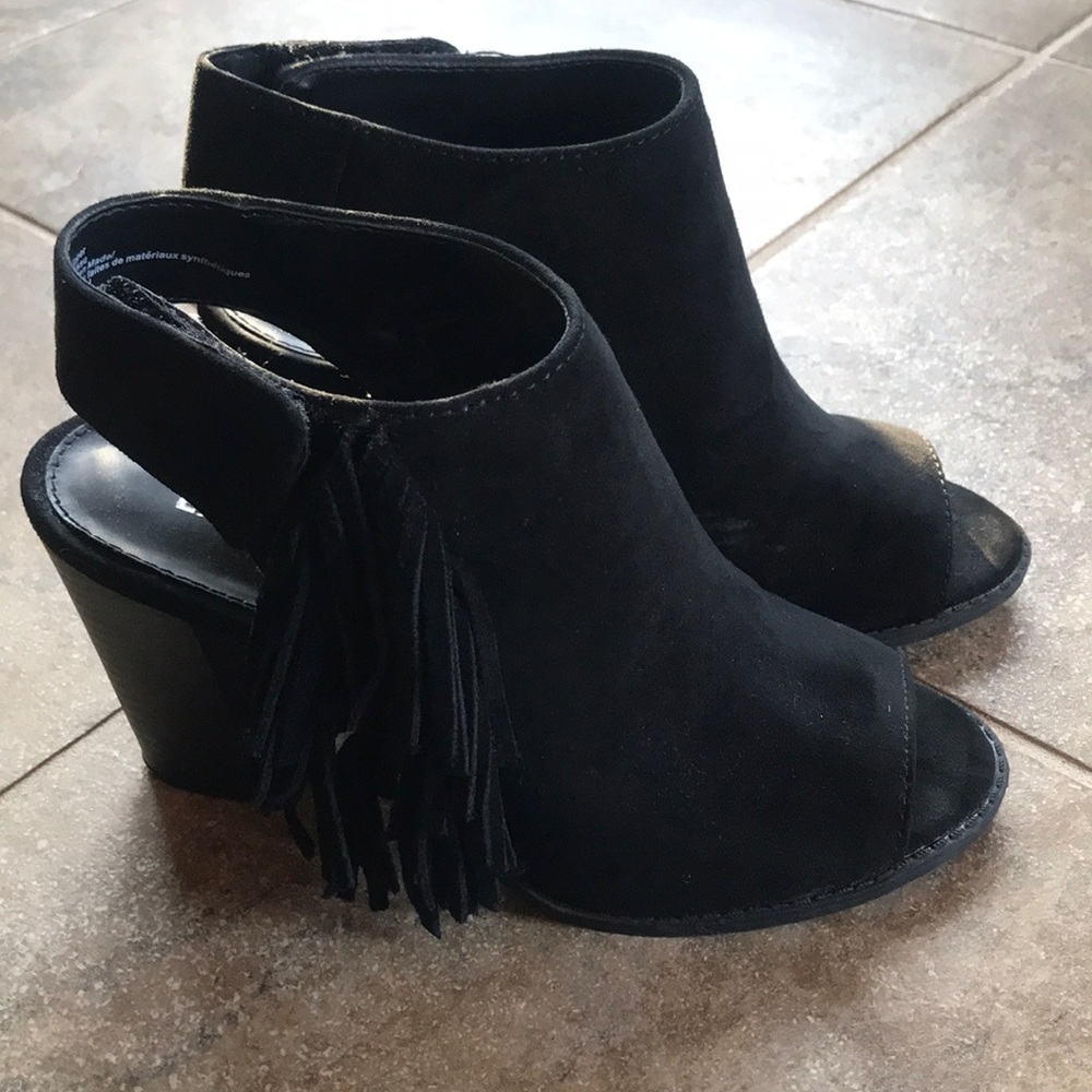 Express Heeled Fringe Booties with Peep-toe
